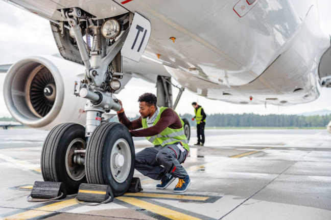 Aircraft parts - photo of person working on aircraft wheel